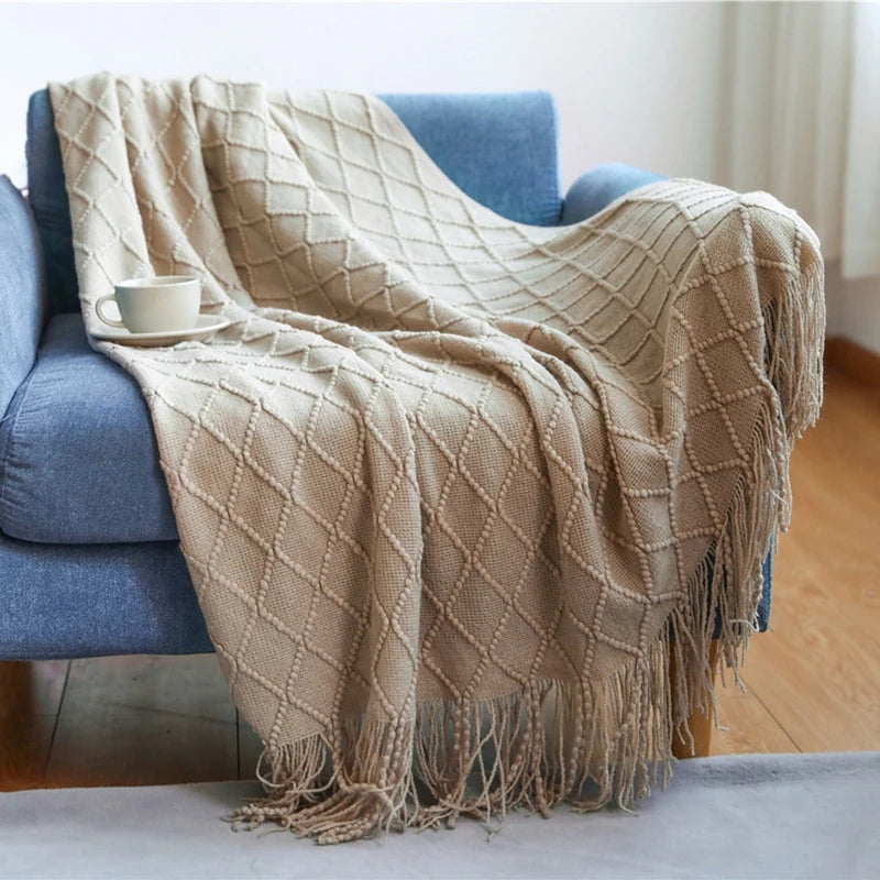 Knitted Throw Blanket with Tassels, Diamond Knit Sofa and Bed Throw, Cream White, Beige, Light Grey or Dark Green