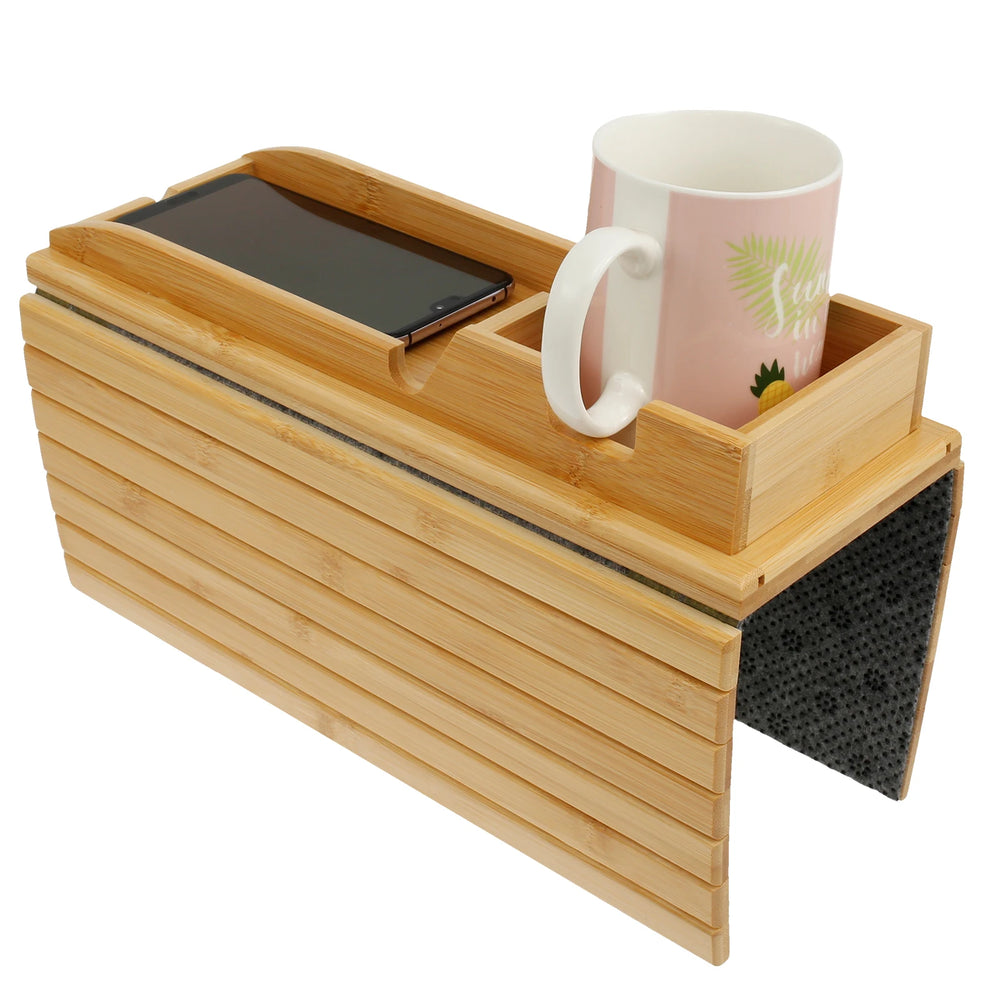 Bamboo Sofa Armrest Tray, Foldable Couch Cup Holder and Side Table for Living Room, Anti-Slip