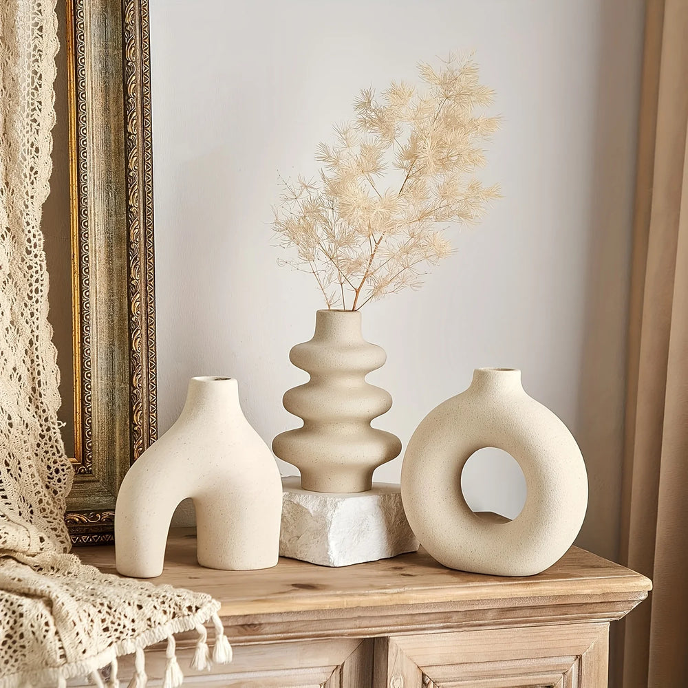 Ceramic Vase Set of 3, Modern Arch and Ribbed Vases for Shelf, Mantel and Dining Table, Black or Cream