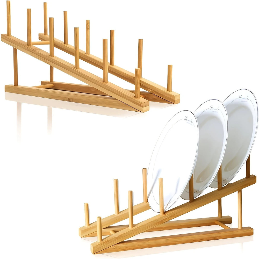 Bamboo Dish Drying Rack, Plate Rack for Plates, Lids, Cutting Boards and Books, Single or Set of 2