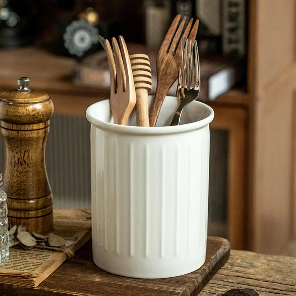 Ceramic Cutlery Holder with Drainage Holes, Countertop Utensil Caddy for Forks, Spoons and Chopsticks