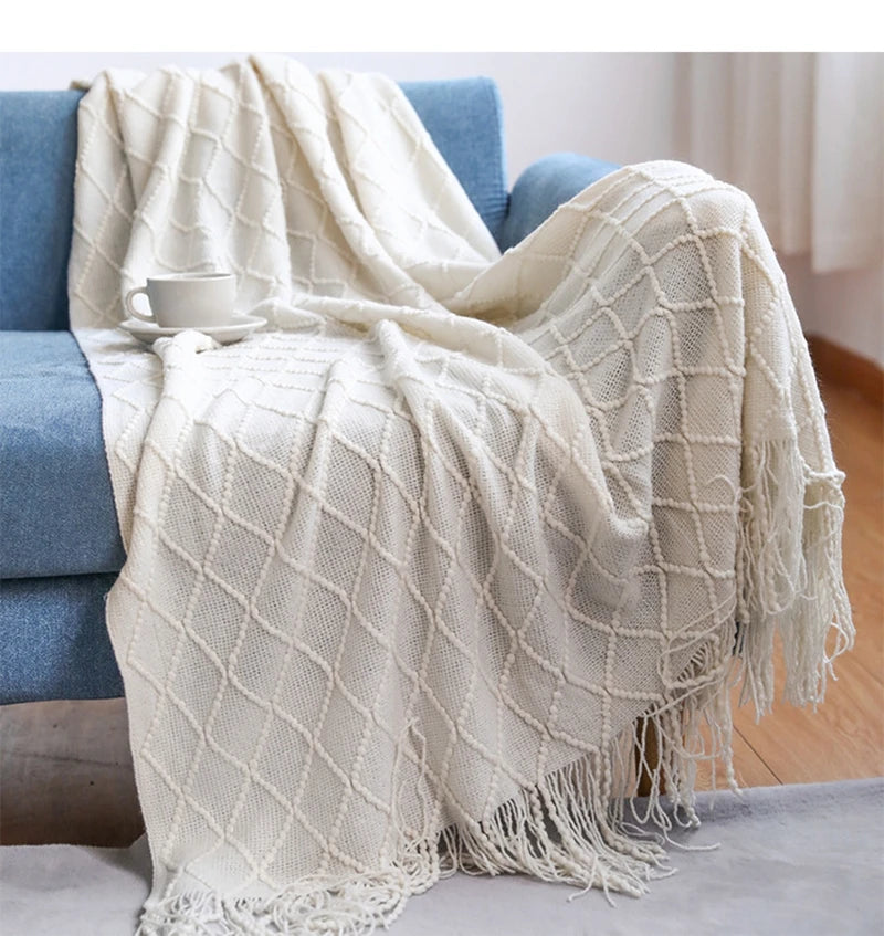 Knitted Throw Blanket with Tassels, Diamond Knit Sofa and Bed Throw, Cream White, Beige, Light Grey or Dark Green