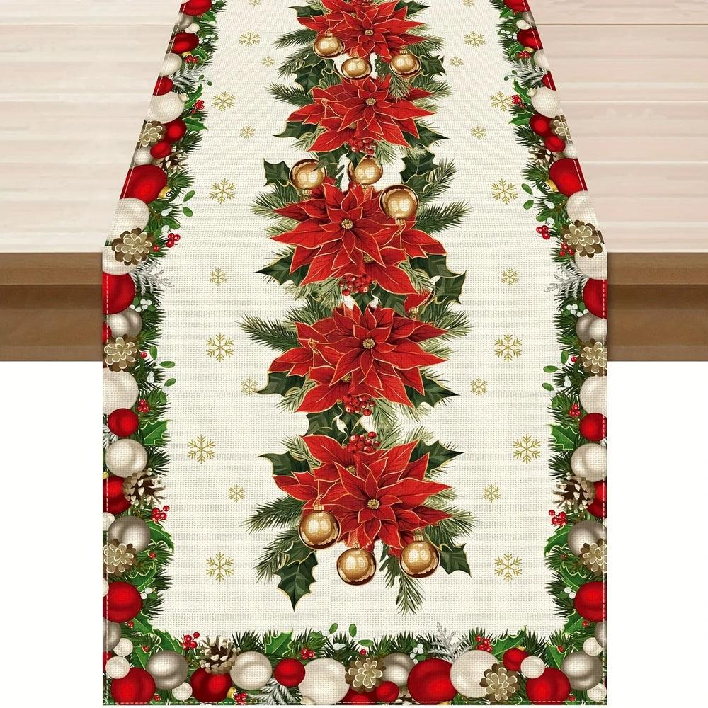 Christmas Table Runner with Poinsettias and Baubles, Linen Runner for Dining Table, Sideboard and Holiday Table, Four Lengths