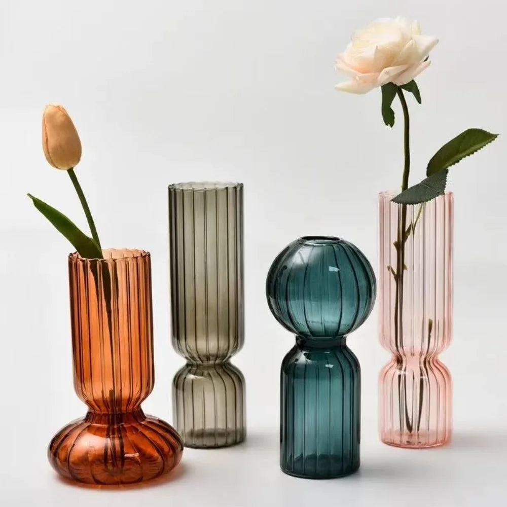 Striped Colored Glass Vase, Retro Bud Vase for Flowers and Hydroponic Plants, Teal, Smoke Grey, Pink or Amber