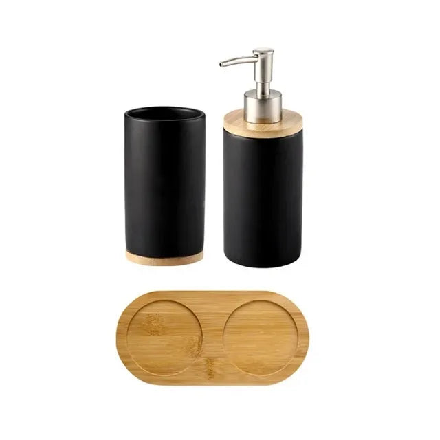 Ceramic Bathroom Accessories Set, Soap Dispenser and Tumbler on a Wooden Tray for Bathroom Counter, White, Grey or Black