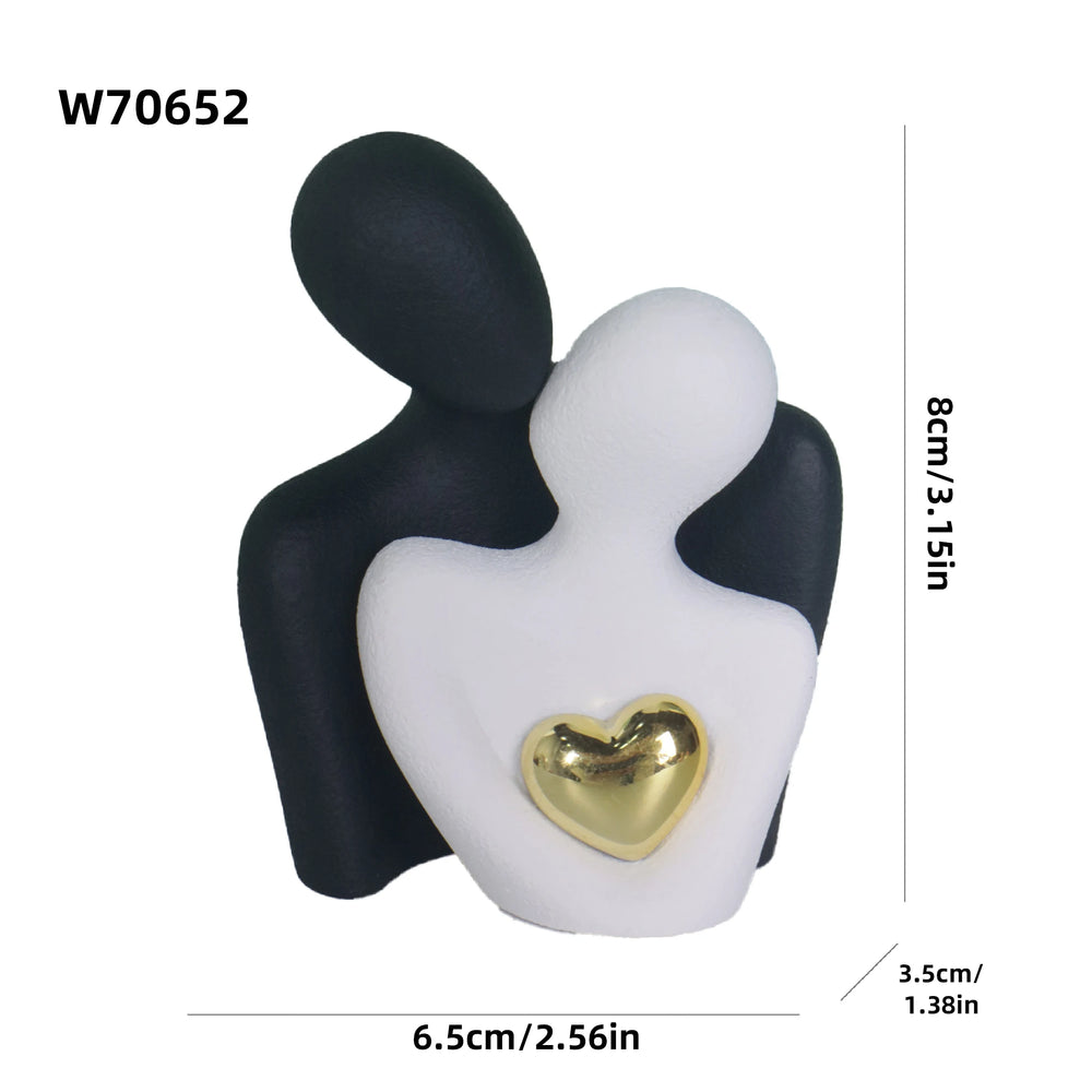 Hugging Couple Figurine, Abstract Ceramic-Look Sculpture for Shelf and Bedroom, White and Black, Black and White or Black