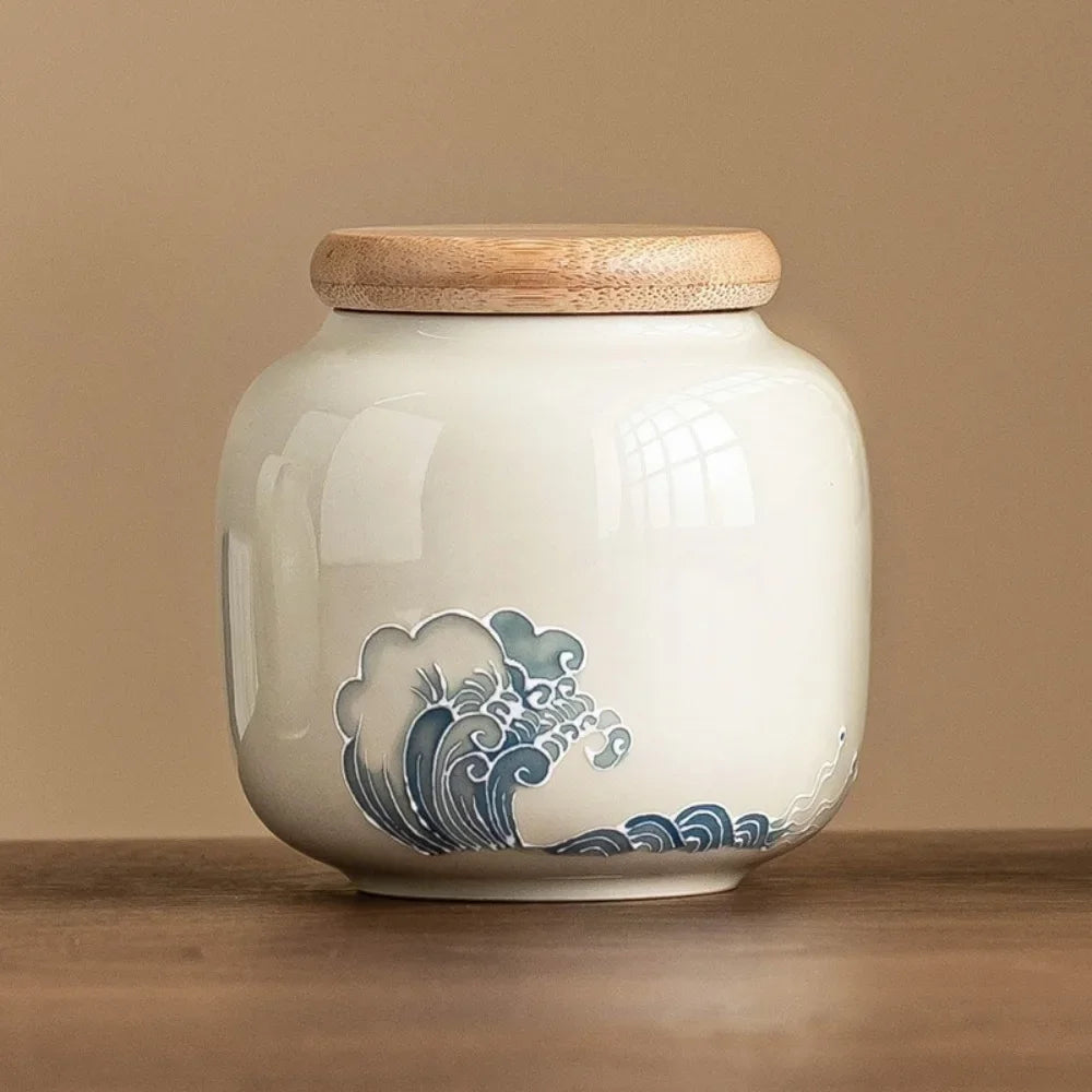 Wave Relief Ceramic Jar with Wood-Tone Lid, Canister for Tea, Coffee and Snacks