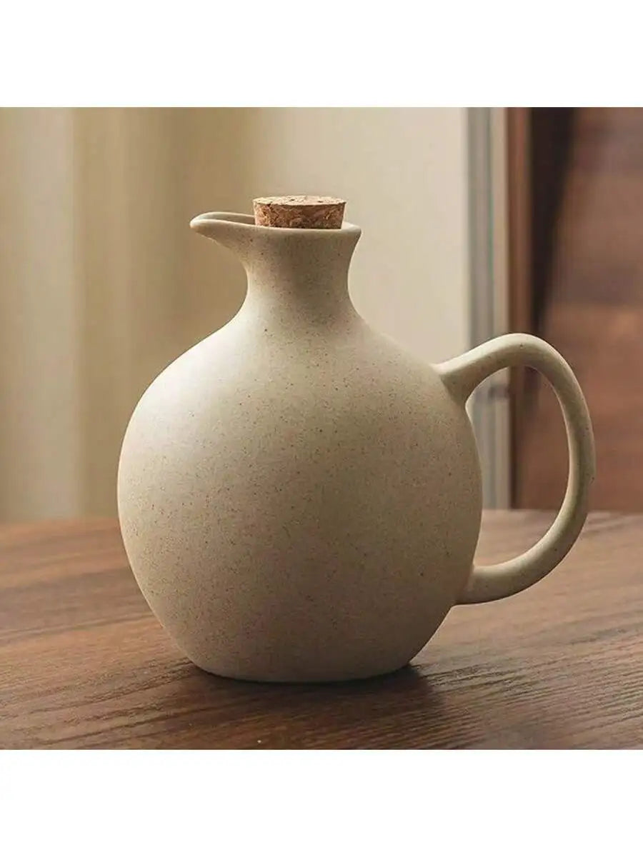 Ceramic Oil Bottle with Cork Stopper, Round Pottery Dispenser for Olive Oil and Vinegar, 500 ml, 600 ml or Set of 2