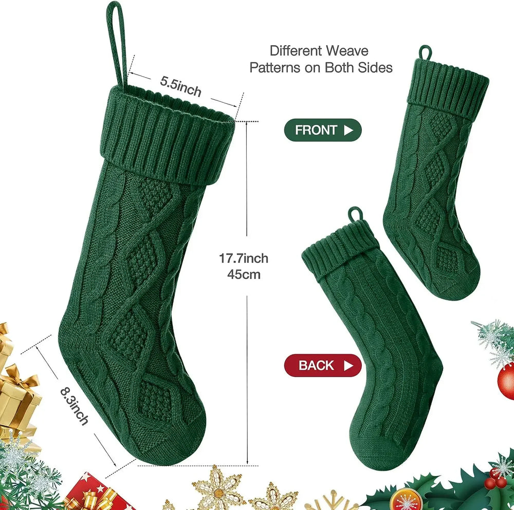 Cable Knit Cotton Christmas Stocking, Green Holiday Stocking for Fireplace and Mantel