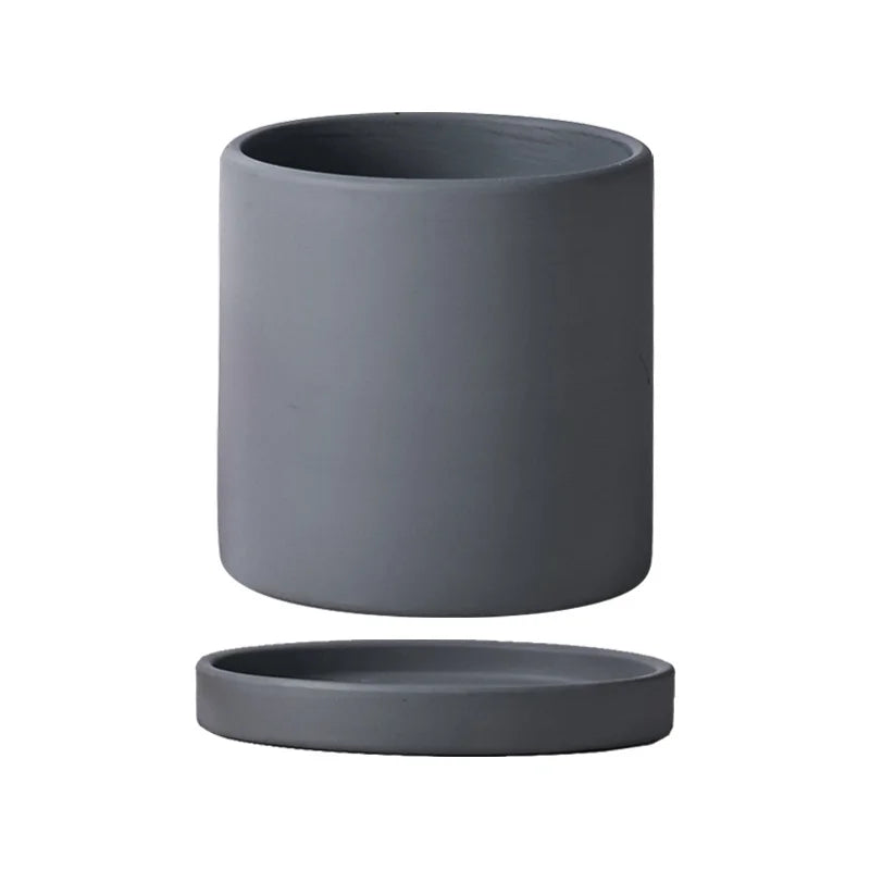 Matte Ceramic Planter with Saucer, Cylinder Flower Pot with Drainage Hole for Succulents and Houseplants, Four Colors, 8 cm