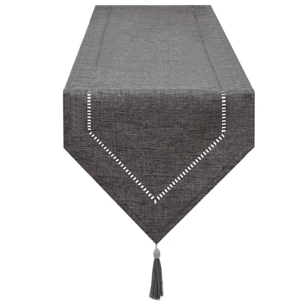 Linen Table Runner with Pointed Ends, Solid Color Runner with Tassel for Dining Table and Sideboard, Gray or Khaki