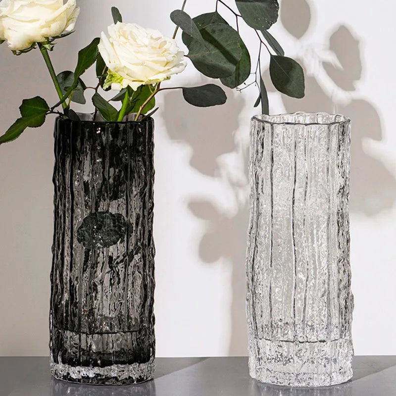 Glacier Glass Vase, Textured Flower Vase for Roses and Fresh Bouquets, Clear or Black