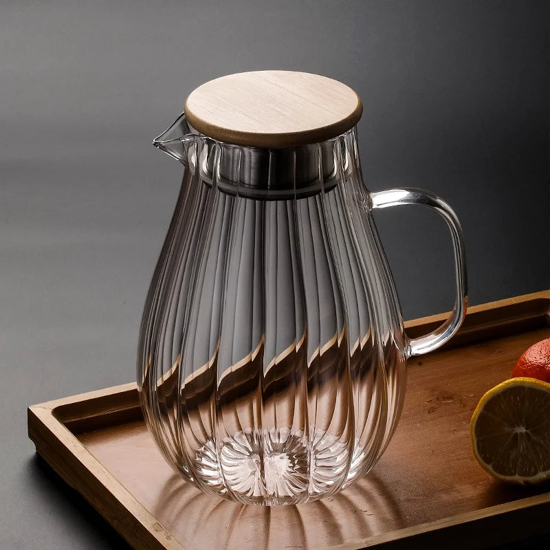 Ribbed Glass Water Pitcher, Heat-Resistant Borosilicate Carafe for Water, Lemonade and Iced Tea