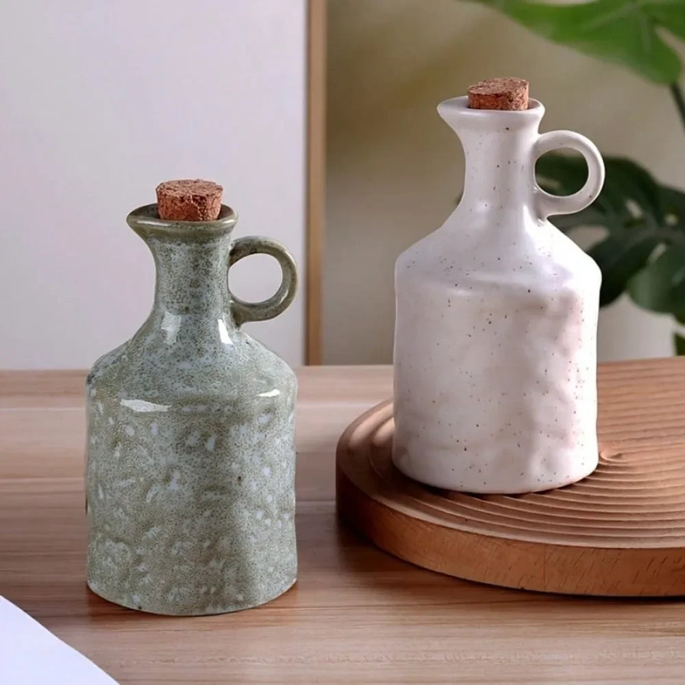 Ceramic Oil Bottle, 400 ml Pottery Dispenser for Olive Oil, Vinegar and Soy Sauce, Green or White
