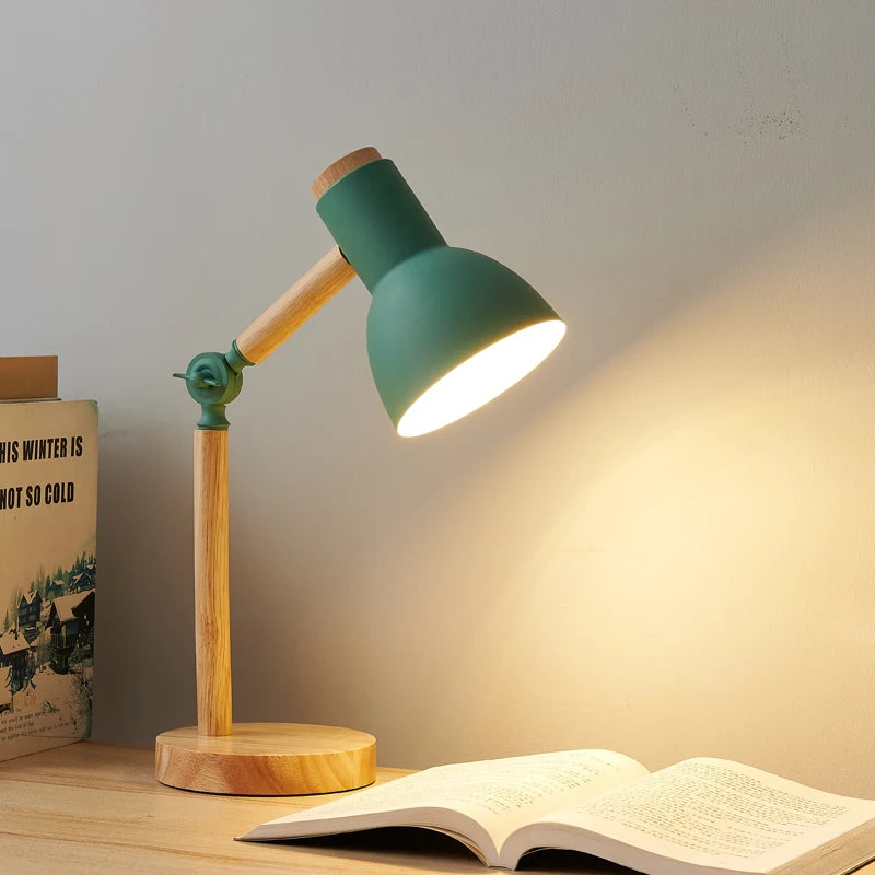 Nordic Wooden Table Lamp, Bedside and Desk Light with Adjustable Head for Bedroom, Living Room and Study, US or EU Plug, White or Green