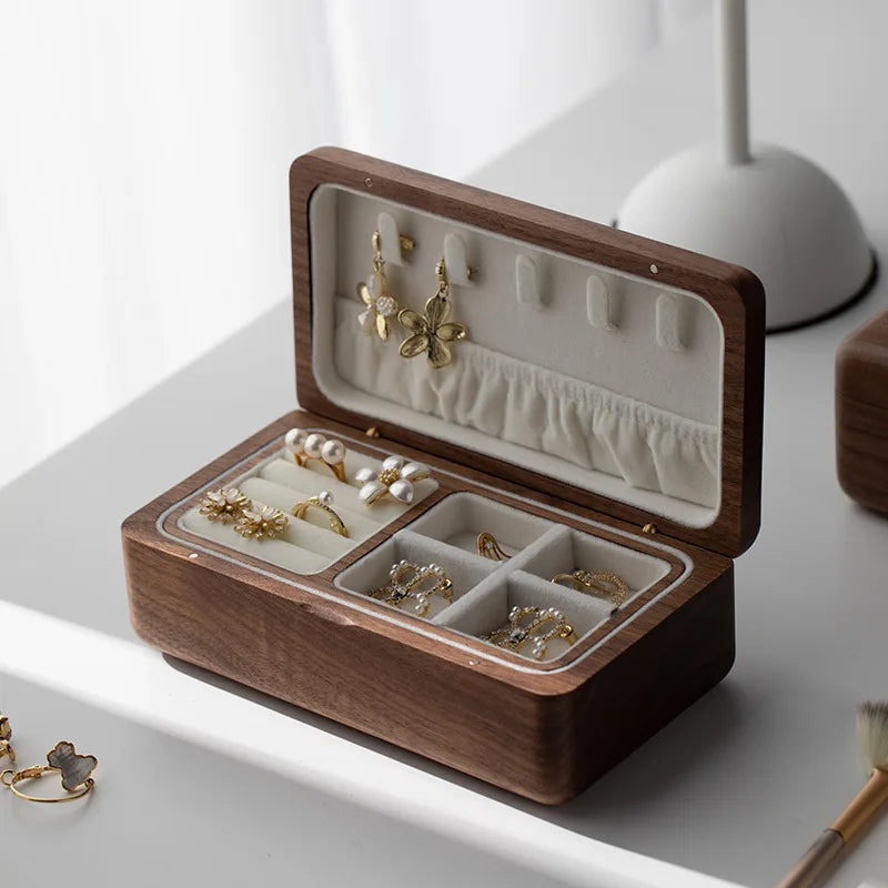 Wooden Jewelry Box, Two-Layer Jewelry Case for Rings, Earrings and Necklaces, Beige or Grey Lining