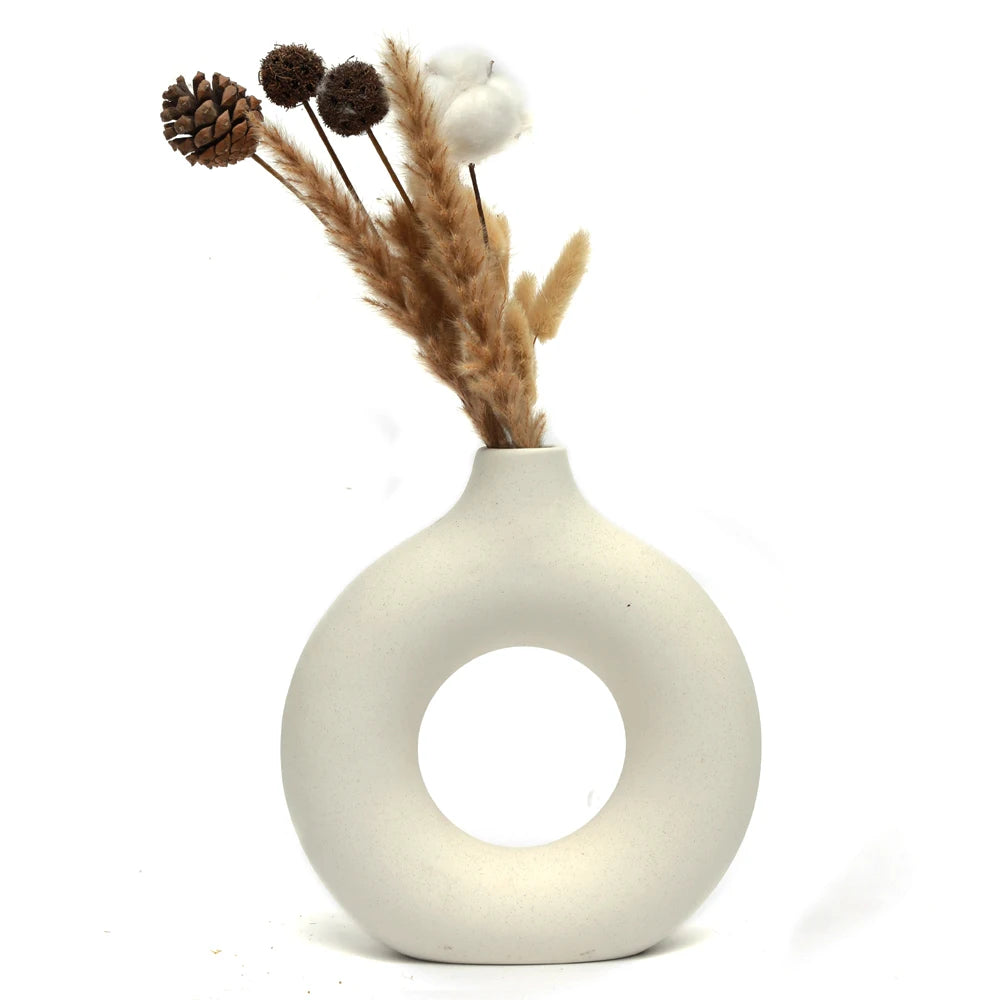 Ceramic Donut Vase, Nordic Round Hollow Vase for Pampas Grass and Dried Flowers, Black or White, Small or Large