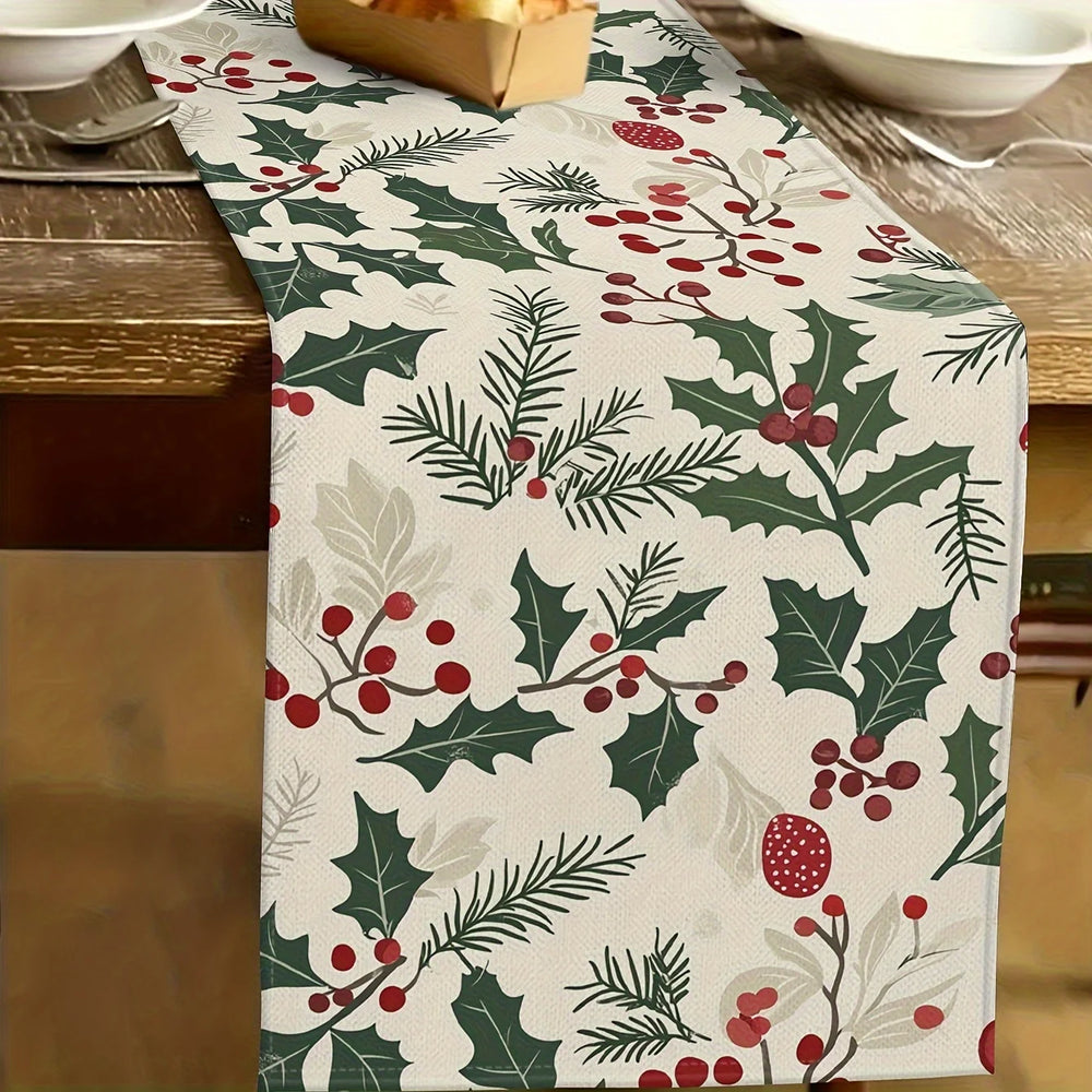 Christmas Table Runner with Holly and Berries, Linen Runner for Dining Table, Sideboard and Holiday Table, Four Lengths