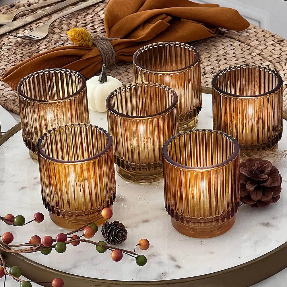 Ribbed Amber Glass Tealight Holders, Vintage Votive Candle Holders for Table and Shelf, Set of 2, 4 or 6