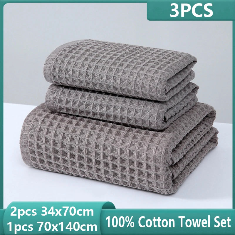 Waffle Cotton Towel Set of 3, 1 Bath Towel and 2 Hand Towels, Absorbent Quick-Dry Bathroom Towels, Cream, Taupe, Mint or Dark Blue