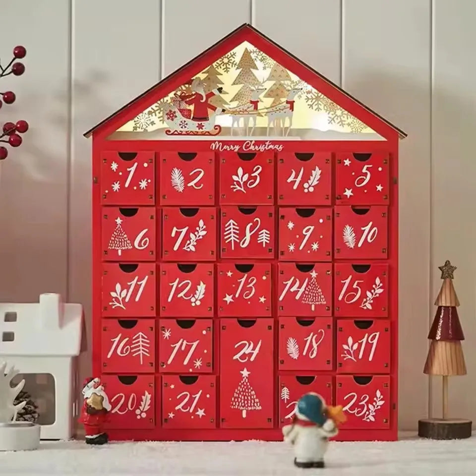 Wooden Advent Calendar House with 24 Drawers, Refillable Christmas Countdown for Mantel, Shelf and Kids’ Rooms, Red or Natural White