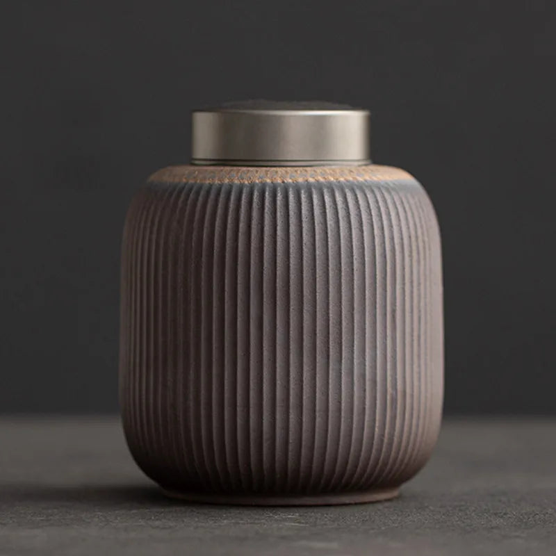 Coarse Pottery Tea Canister with Lid, Ceramic Jar for Loose Tea, Coffee and Spices, 700 ml, Round or Ribbed