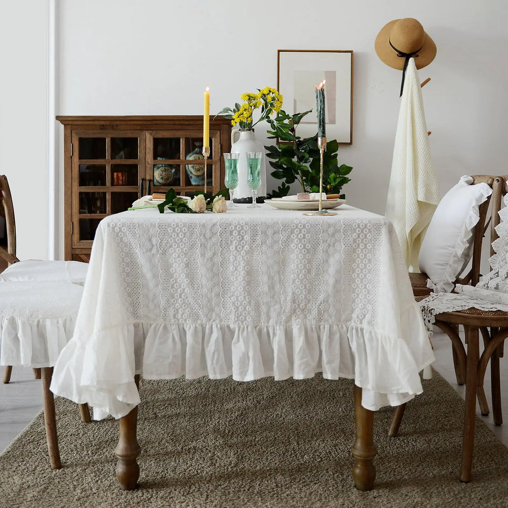 Ruffled White Cotton Tablecloth with Lace Trim, French Farmhouse Table Cover for Dining Table, Holidays and Christmas, Four Sizes