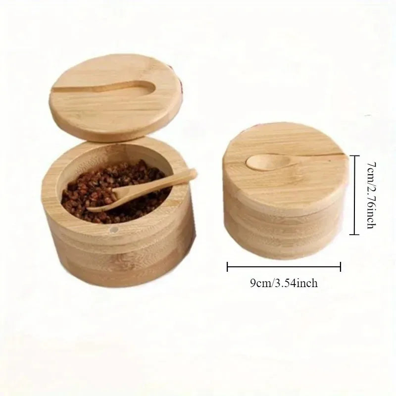 Wooden Salt Box with Swivel Lid and Spoon, 9 cm Round Salt Cellar for Salt, Pepper and Sugar