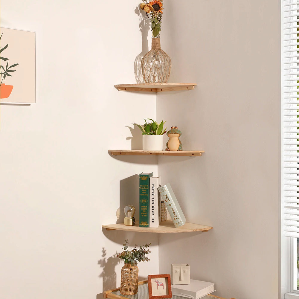 Round Wooden Corner Shelf, Floating Wall-Mounted Display Shelf for Plants, Books and Small Decor, Two Sizes
