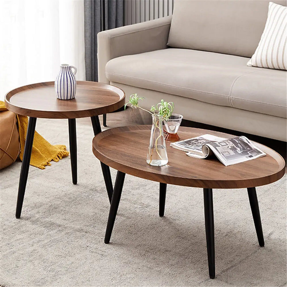 Nesting Coffee Table Set of 2, Oval and Round Walnut-Finish Tables with Black Metal Legs for Living Room