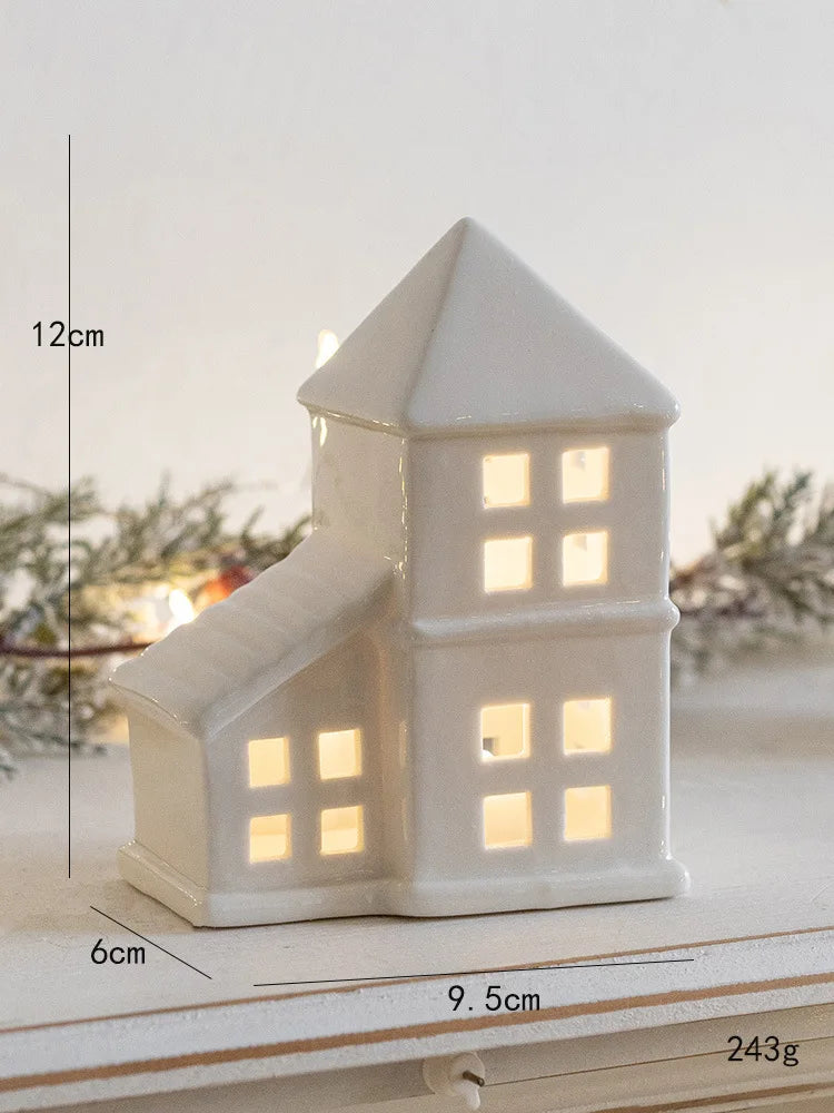 White Ceramic Christmas House with LED Light, Glowing Village House for Mantel, Shelf and Windowsill, House or Church