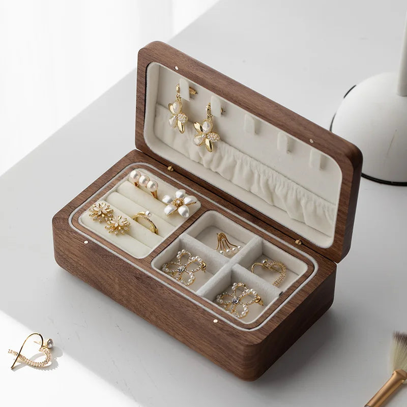 Wooden Jewelry Box, Two-Layer Jewelry Case for Rings, Earrings and Necklaces, Beige or Grey Lining