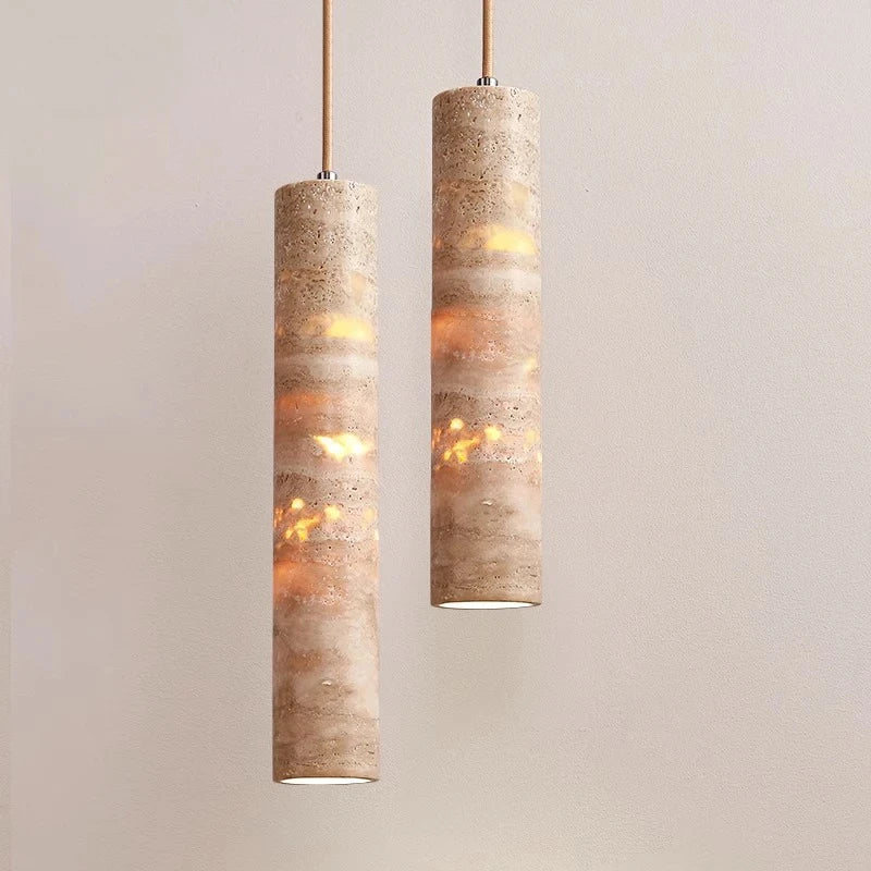 Travertine Tube Pendant Light, Backlit Stone Ceiling Lamp for Kitchen Island, Bar Counter and Restaurant, Warm White