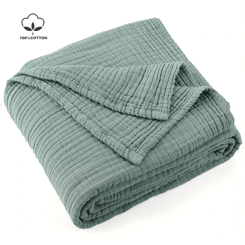 Cotton Muslin Throw Blanket, 6-Layer Lightweight Breathable Throw for Sofa and Bed, Sage Green, White or Blue, Three Sizes