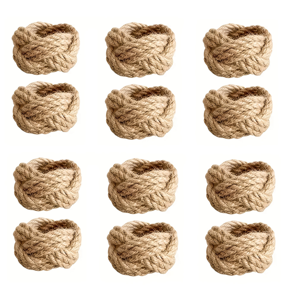 Braided Jute Napkin Rings Set of 12, Handmade Natural Rope Serviette Holders for Dining Table and Dinner Parties