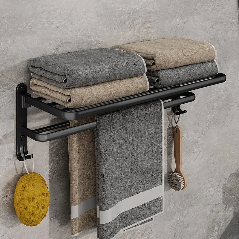 Black Wall-Mounted Towel Rack with Shelf, 50 cm Foldable Towel Holder with Hooks