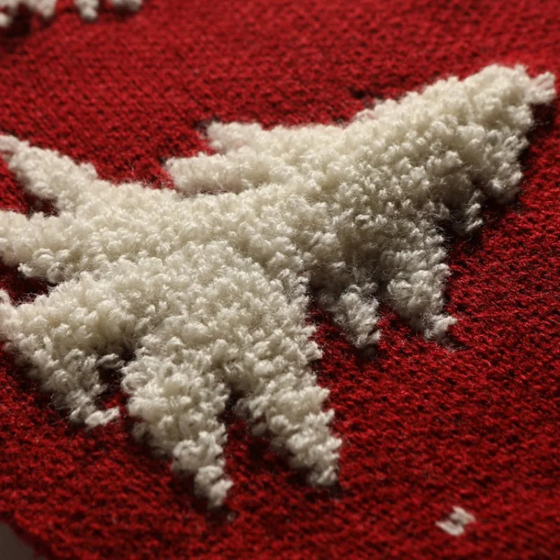 Knitted Christmas Tree Skirt with Reindeer, Cozy Holiday Tree Skirt for Under the Tree, 122 cm, Red