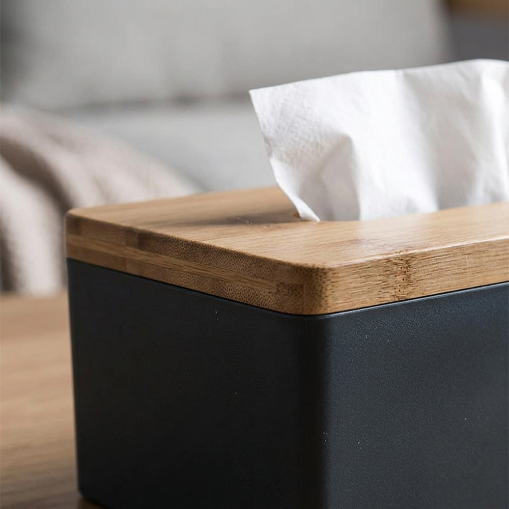 Bamboo Cover Tissue Box, Wooden Napkin Holder for Living Room, Bedroom and Bathroom, White or Black