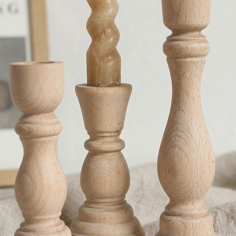 Turned Wooden Candlesticks, Natural Wood Taper Candle Holders for Dining Table, Mantel and Wedding Decor, Small or Large