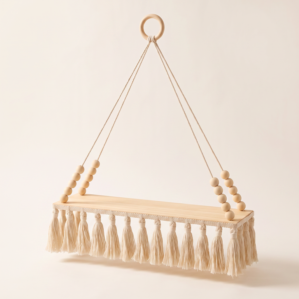 Macrame Wall Hanging Shelf, Boho Cotton Rope Floating Shelf for Plants, Candles and Small Decor, Plain Rope or Tassel