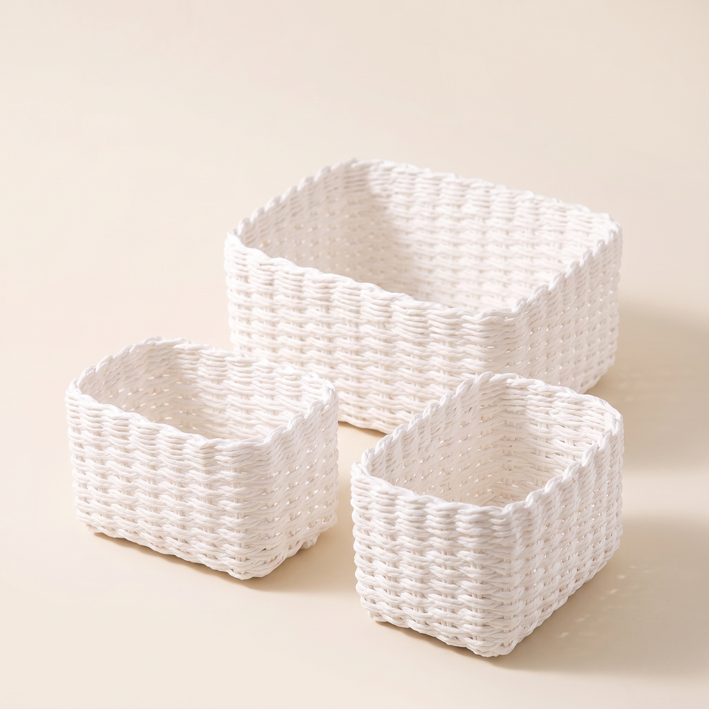 Paper Rope Storage Baskets Set of 3, Soft Woven Rectangular Nesting Bins for Shelves, Desk and Office, White, Black or Wheat
