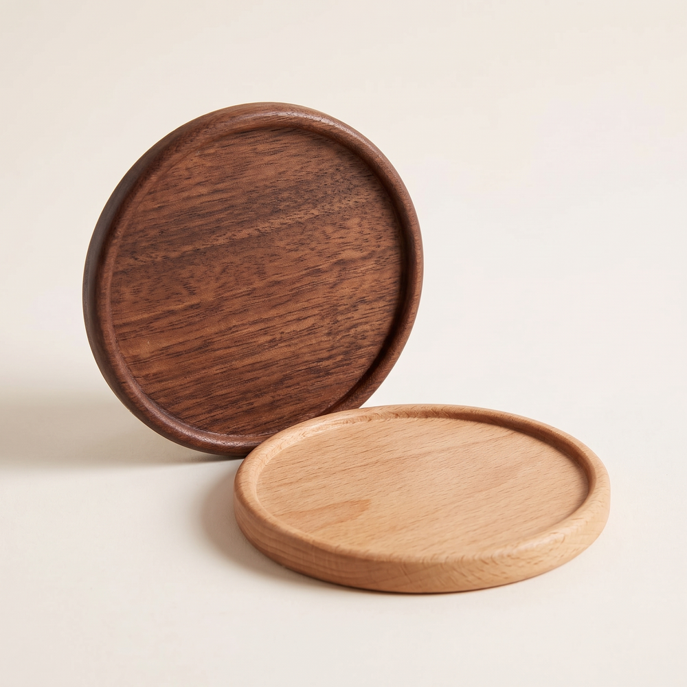 Walnut and Beech Wood Coasters Set of 2, Round Heat-Resistant Drink Mats for Coffee Table, Desk and Dining Table