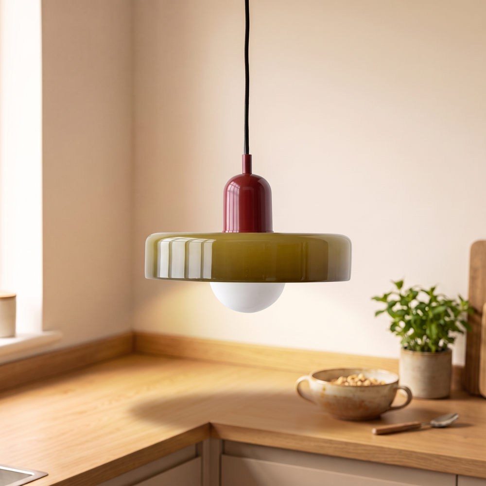Colored Glass Disc Pendant Light, Retro Ceiling Lamp for Kitchen, Hallway and Dining Room, Olive Green, Orange or White