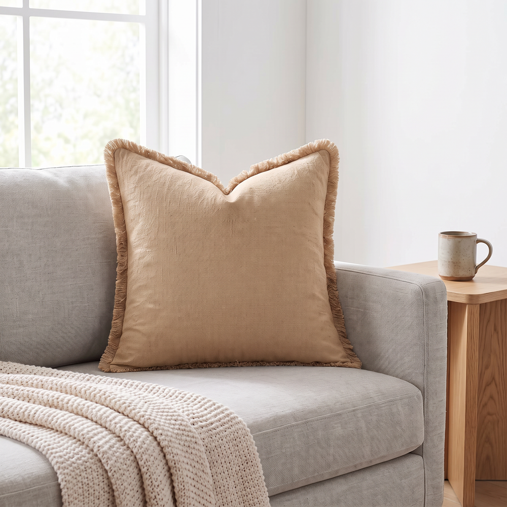 Fringed Linen Pillow Cover, Boho Farmhouse Throw Cushion Cover for Sofa, Bed and Reading Chair, Beige, Khaki or Rust