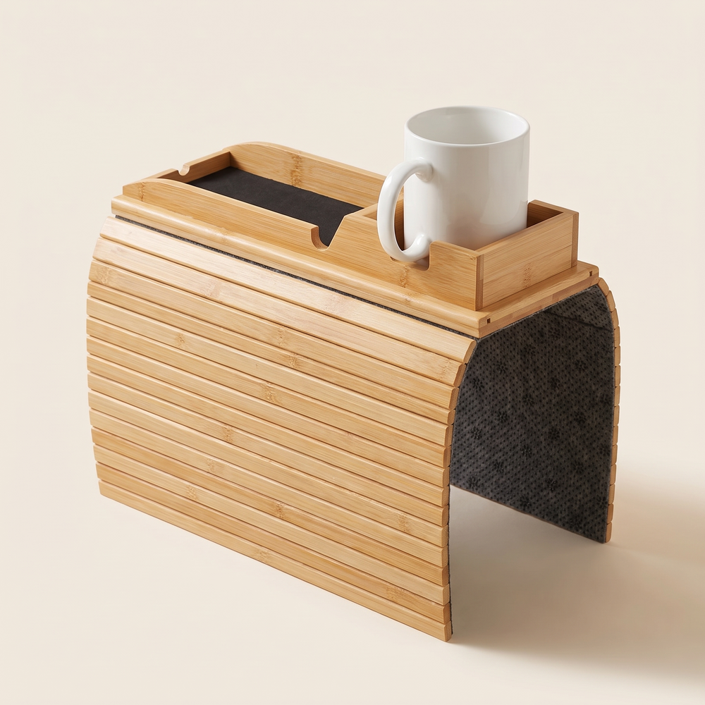 Bamboo Sofa Armrest Tray, Foldable Couch Cup Holder and Side Table for Living Room, Anti-Slip
