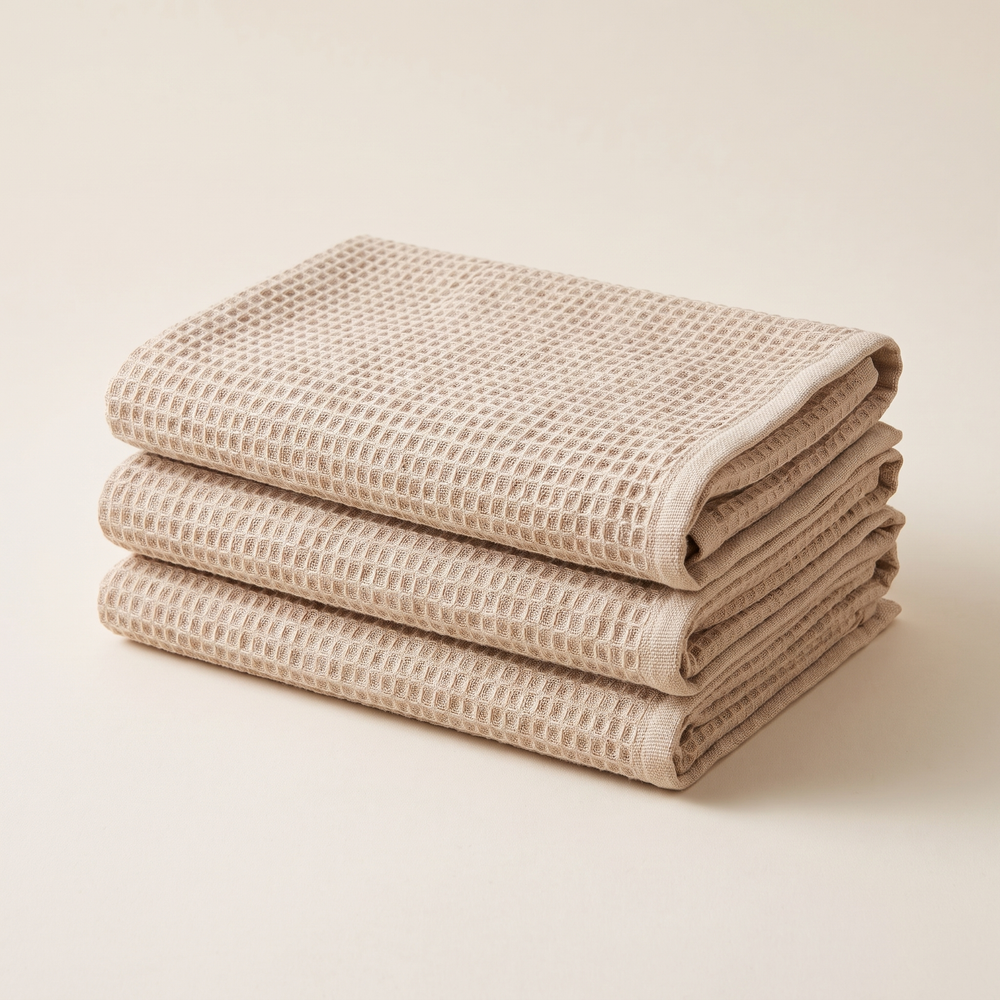 Waffle Weave Kitchen Towels Set of 3, 100% Cotton Tea Towels for Dishes, Hands and Counters, Beige, Brown, White, Grey or Green