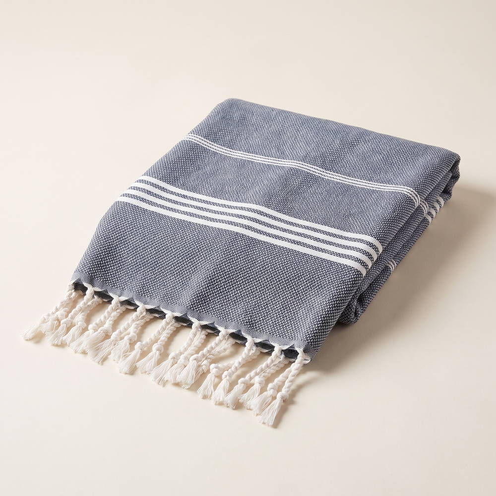 Turkish-Style Towel with Tassels, Lightweight Striped Bath, Sauna and Beach Towel, Quick-Drying Cotton Blend, Charcoal