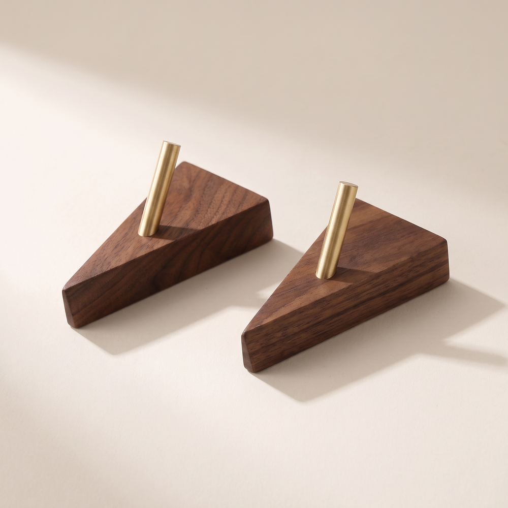 Triangle Wooden Wall Hooks, Set of 2 Solid Wood and Brass Coat and Key Hooks for Entryway, Bedroom and Bathroom, Walnut or Beech