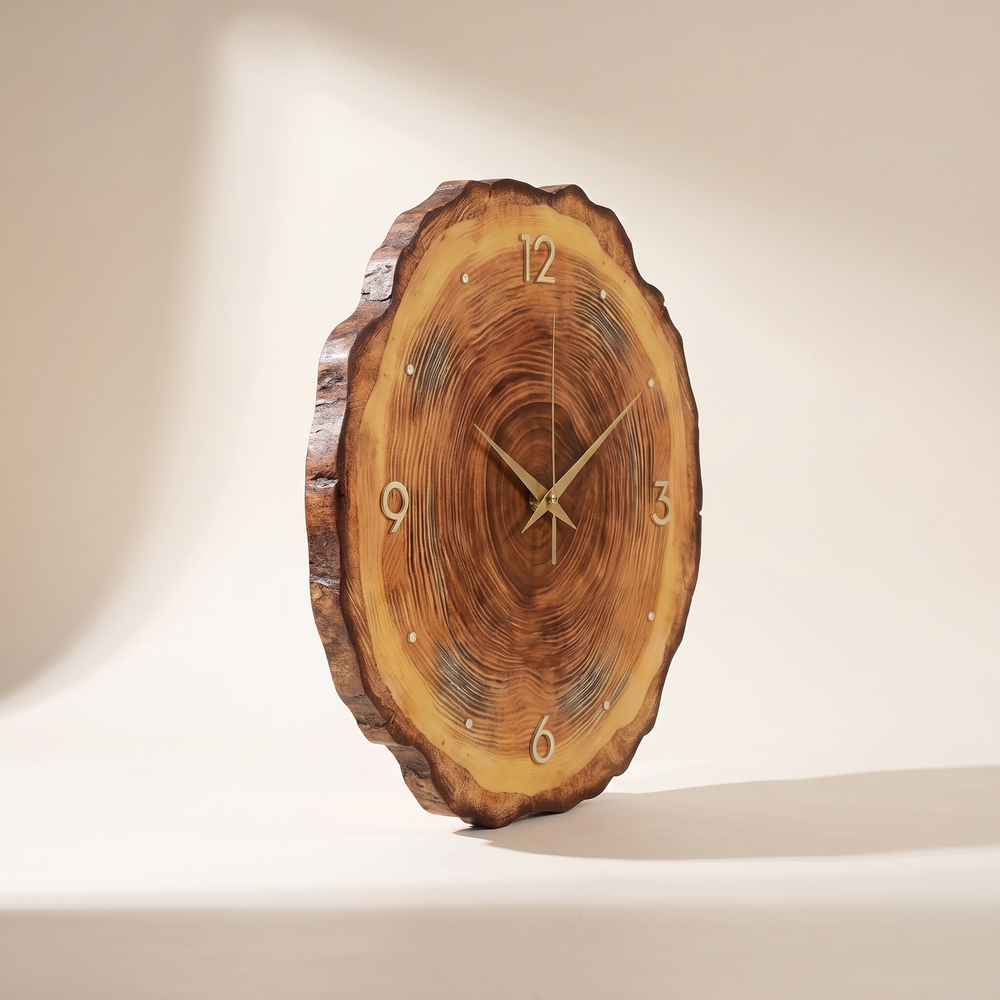 Wood Veneer Wall Clock, Silent Tree Ring Design Clock with Wooden Hands for Living Room and Kitchen