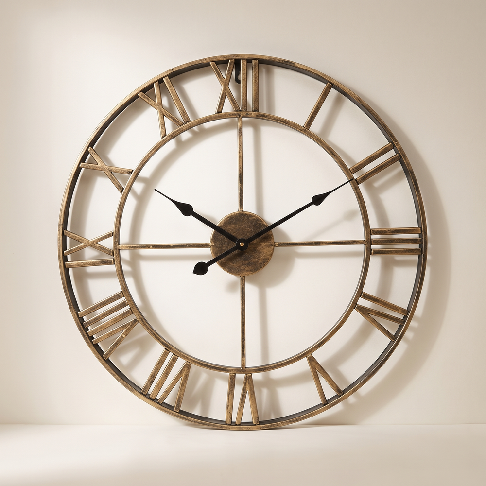 Roman Numeral Metal Wall Clock, 3D Iron Art Silent Clock for Living Room, Bedroom and Office, Retro Gold or Black